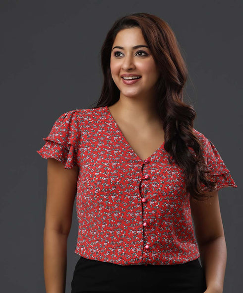 Print Button Layered Sleeve Red Blouse