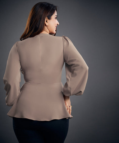 Brown Vneck Front Slit Hem Blouse