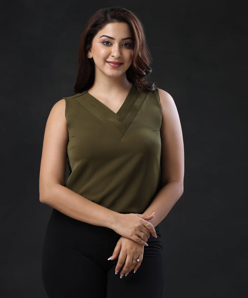 Unity Solid Vneck Sleeveless Green Blouse