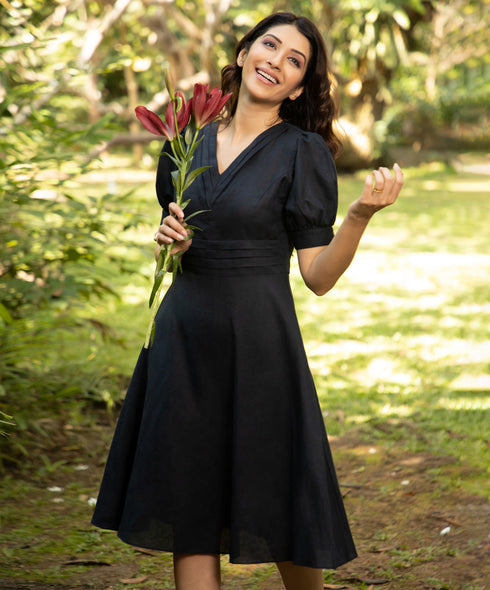 Blue Vneck Puffed Sleeve Linen Dress