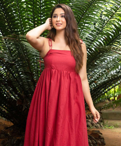 Maroon Strappy Cute Linen Dress