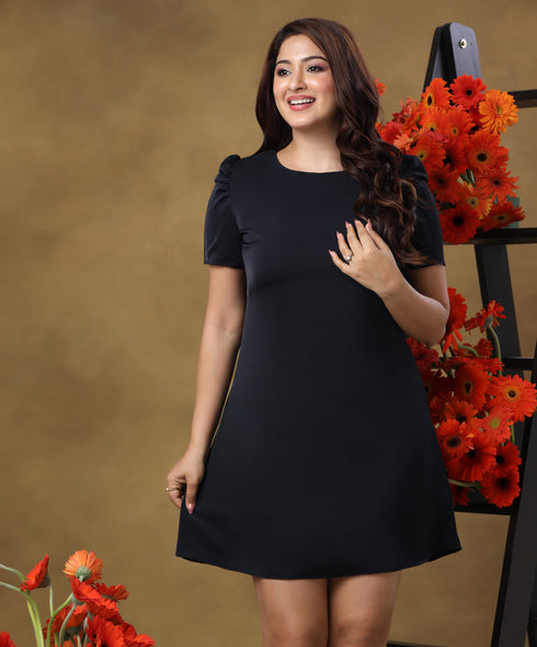 Sleeve Detailed Mini Navy Dress