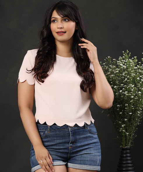 Scallop Trim Keyhole Back Beige Blouse