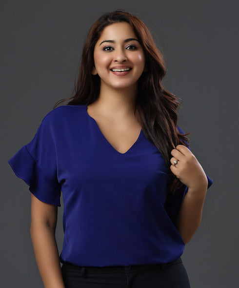 Vneck Sleeve Flared Blue Chiffon Top