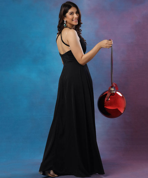 Strappy Detailed Chiffon Black Maxi Dress