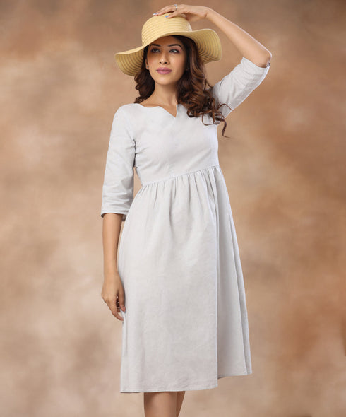 Neck Detailed Loose Fitted Linen Dress