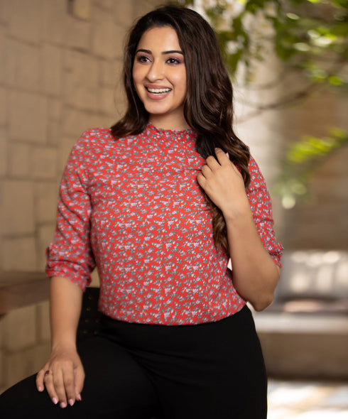 Red Ditsy Floral Half Sleeve Malbec Top