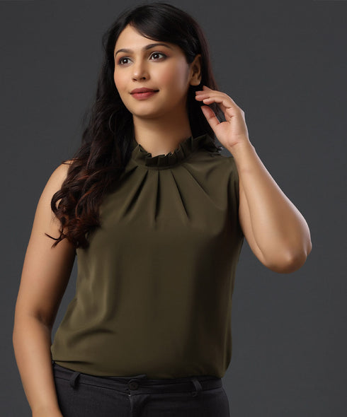 Pleated Neck Sleeveless Chiffon Top