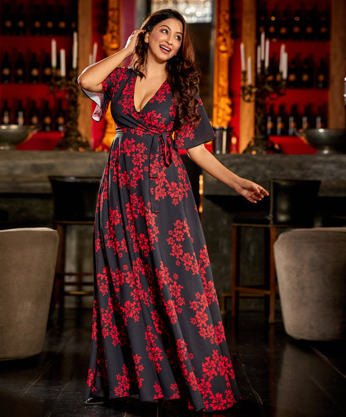 Vneck Puffed Sleeve Maxi Dress