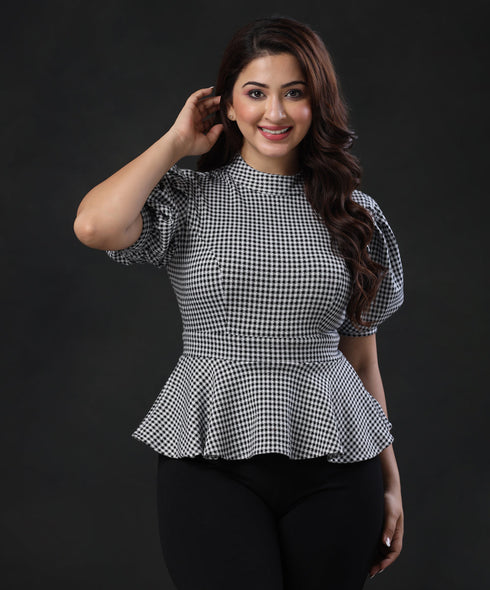Puffed Sleeve Gingham Peplum Top