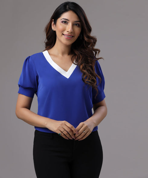 Two Tone Puffed Sleeve Blue Blouse