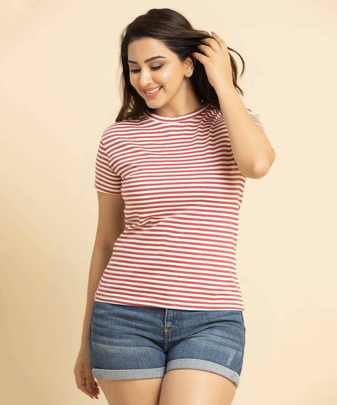 Basic Crew Neck Maroon Stripe Tshirt