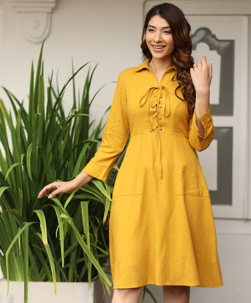 Eyelet Detailed Collared Linen Mustard Dress