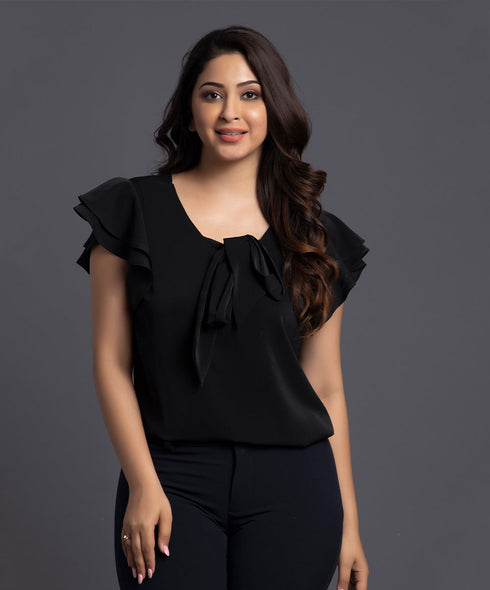 Black Front Neck Vtie Chiffon Formal Top