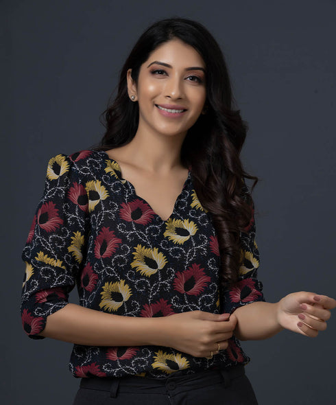 Black Printed Neck Scallop Top