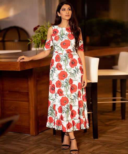 Poppy Floral Printed Cold Shoulder Dress
