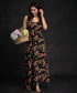 Black Floral Printed Button Stand Maxi