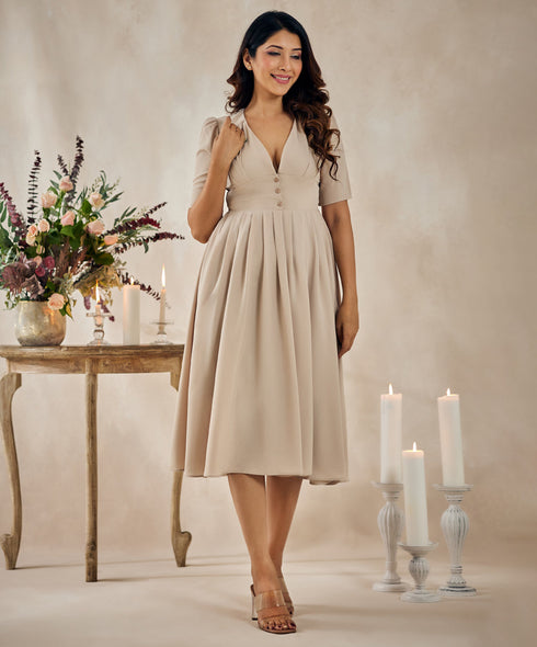 Embroidered Beige Elegant Dress