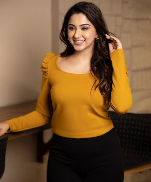 Mustard Ponte Sleeve Puffed Gathered Top