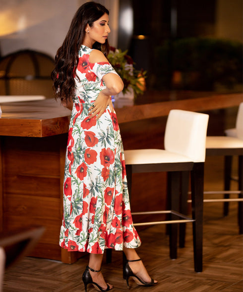 Poppy Floral Printed Cold Shoulder Dress