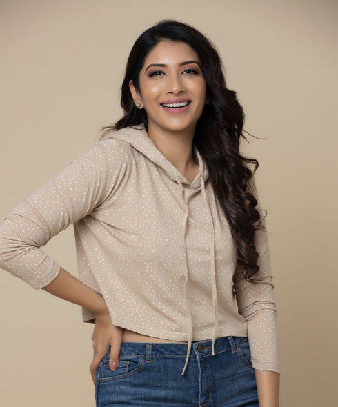 Brown Based Tiny Polkadot Printed Hoodie