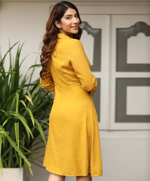 Eyelet Detailed Collared Linen Mustard Dress