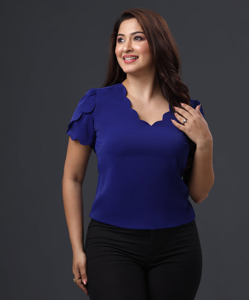 Scalloped Detailed Royal Blue Chiffon Top