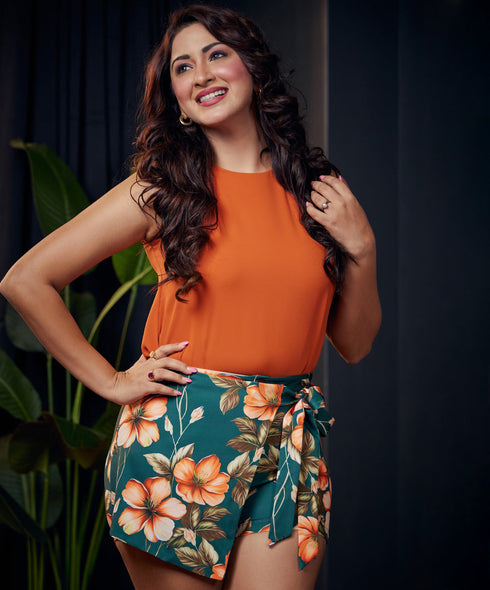 Green Printed High Rise Skort