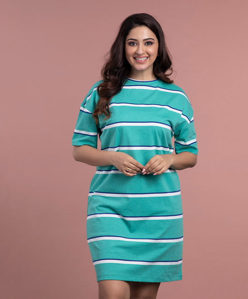 Basic Crew Neck Green Stripe Tshirt Dress