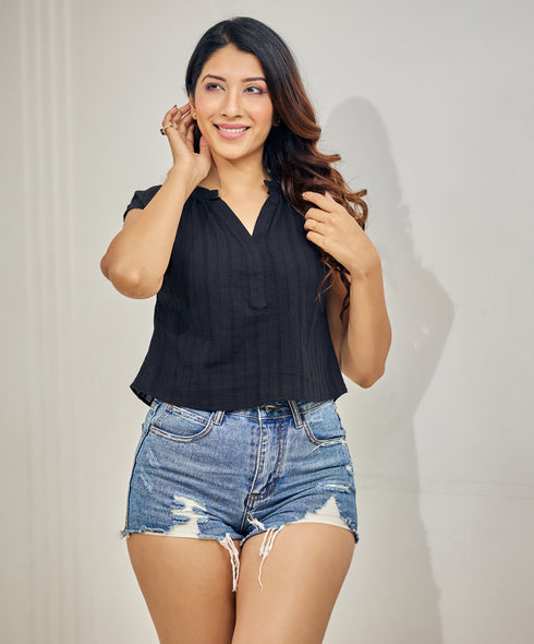 Mandarin Collar Vneck cotton Crop Top