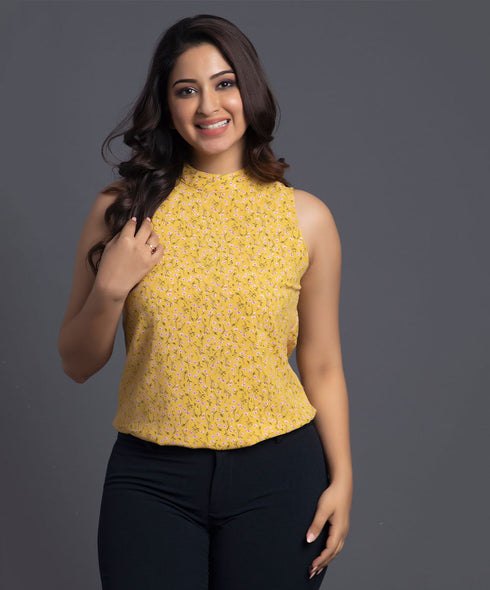 Mustard Sleeveless Back Neck Tie Top