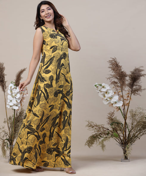 Loose Fitted Printed Yellow Maxi Dress