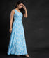 Sky Blue Leaves Printed Vneck Maxi