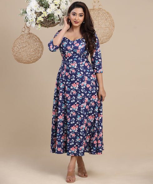 Sweetheart Half Sleeve Midi Printed Dress
