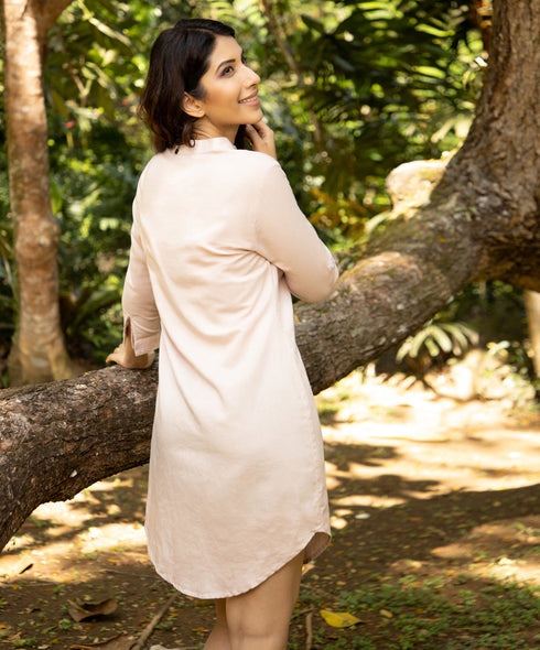 Front Buttoned Beige Short Linen Dress