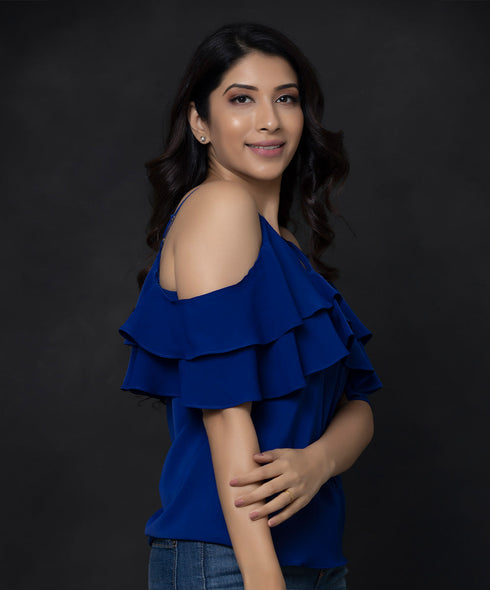 Double Frilled Chiffon Royal-Blue Top