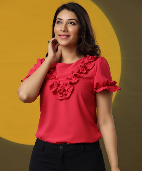 Frilled Vneck Solid Pink Chiffon Top
