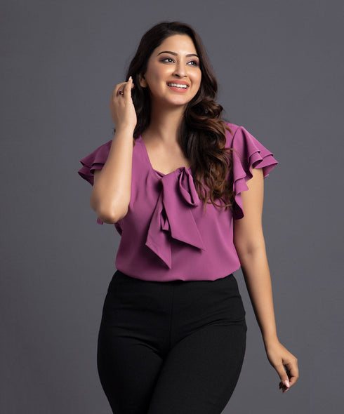 Purple Front Neck V Tie Formal Top