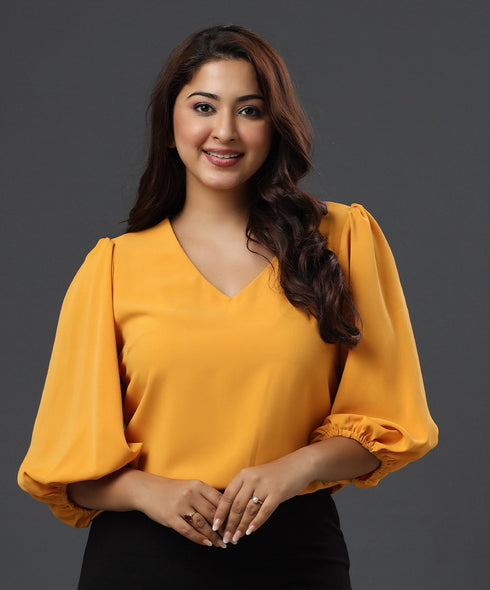 Vneck Balloon Sleeve Mustard Chiffon Top