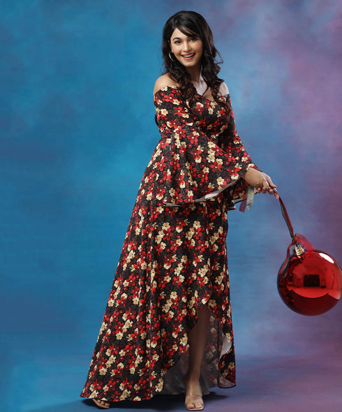 High Low Printed Sleeve Flared Maxi