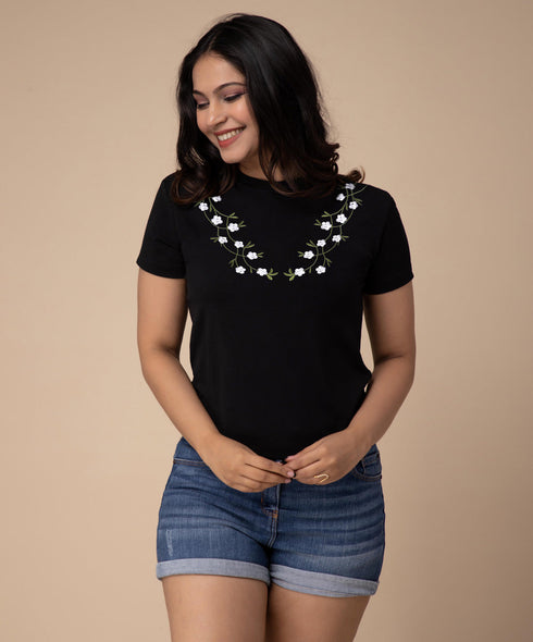 Black Neck Embroidery Floral Vine Tshirt