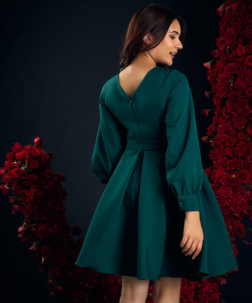 Back Vcut Skater Green Dress