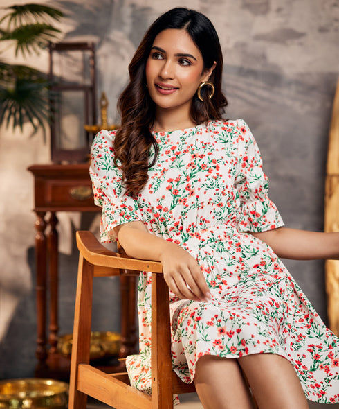 Shirred Floral Print White Dress