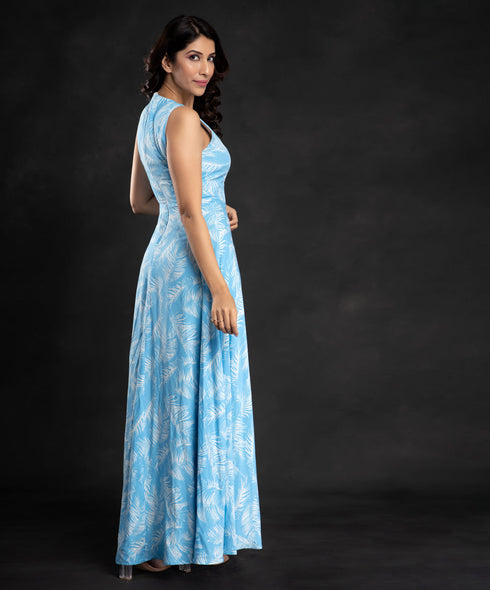 Sky Blue Leaves Printed Vneck Maxi