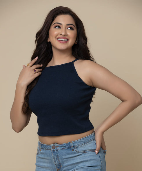 Cropped Grecian Neck Ribbed Top