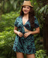 Tropical Print Front Tie Peek-A-Boo Romper
