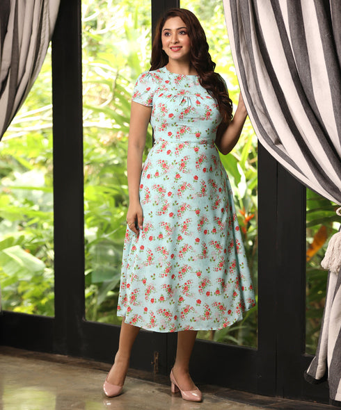 Neckline Gathered Short Sleeve Printed Dress