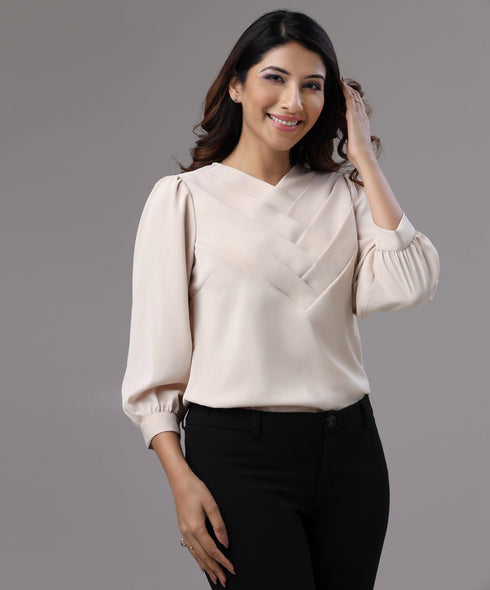 Front Side Pleated Cream Chiffon Top