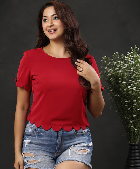 Scallop Trim Keyhole Back Maroon Blouse