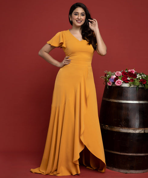 Mustard Sleeve Frilled High Low Maxi